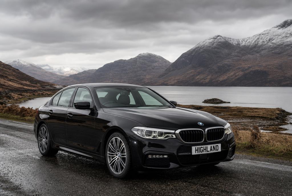 Black BMW 5 Series with HIGHLAND plate beside a Highland loch