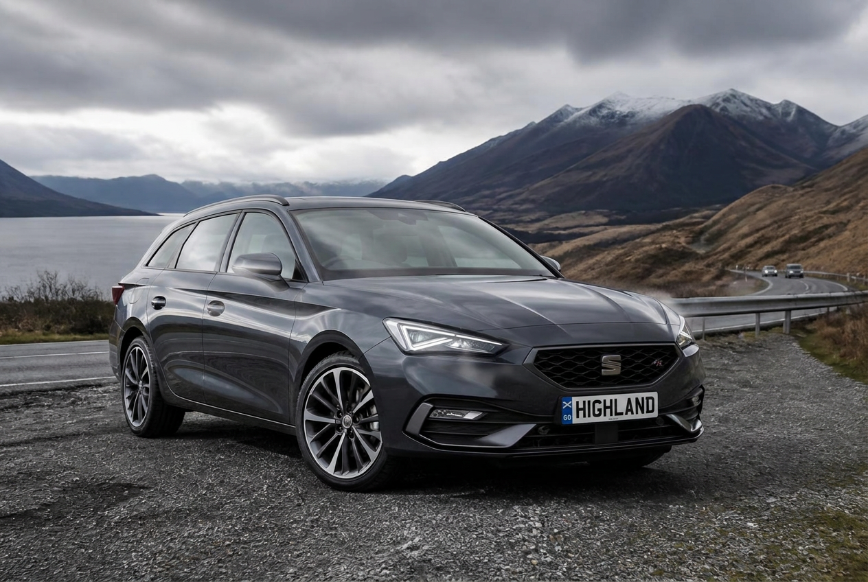Dark grey Seat Leon FR estate on a Highland road
